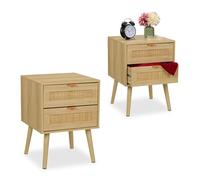Relaxdays Bedside Table Doppel-Pack with Rattan Drawers, Wood Nightstand, Storage Cabinet, 55x40x41 cm