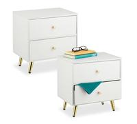 Relaxdays Bedside Table, Set of 2, 2 Drawers, 41.5 x 40 x 32.5 cm, Bedroom Nightstand, Next to Bed Storage, White/Gold
