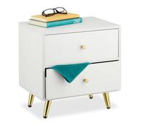 Relaxdays Bedside Table, with 2 Drawers, HWD: 41.5 x 40 x 32.5 cm, Bedroom Nightstand, Next to Bed Storage, White/Gold