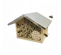 Relaxdays Bee Hotel, Pine with Galvanised Roof, Bamboo Tubes, Hanging Insect House, Natural/Silver, 17 x 23 x 20 cm