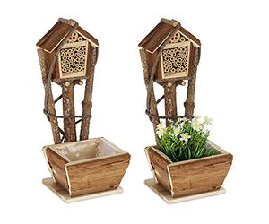 Relaxdays bee hotel with planter box, in a set of 2, small nesting box for bees, bee hive for the garden, natural wood
