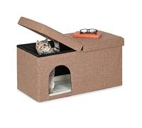Relaxdays Bench Seat with Cat Cave, Folding, Indoor Pet Hideaway, Ottoman with Lid, HWD: 38.5 x 74.5 x 37 cm, Brown