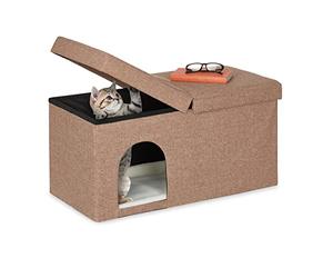 Relaxdays Bench Seat with Cat Cave, Folding, Indoor Pet Hideaway, Ottoman with Lid, HWD: 38.5 x 74.5 x 37 cm, Brown