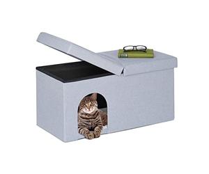 Relaxdays Bench Seat with Cat Cave, Folding, Indoor Pet Hideaway, Ottoman with Lid, HWD: 38.5 x 74.5 x 37 cm, Grey, Fibreboard