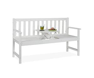Relaxdays Bench with Integrated Folding Table, 3-Seater, Wooden, Garden & Balcony, HxWxD: 90x152x56 cm, White