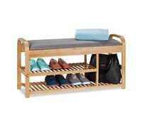 Relaxdays Bench with seat, Ample Storage Room, Shoe Rack, Ottoman, Bamboo, 2 Shelves, Natural Finish/Grey, 100.5 x 33 x 50 cm