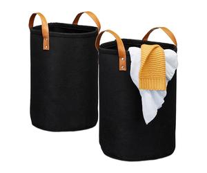Relaxdays bin, 28 l, Foldable, Felt, PU Leather Handles, Laundry sorter for Bathroom & Bedroom, 47x30 cm, Black, 47 x 30 x 30 cm