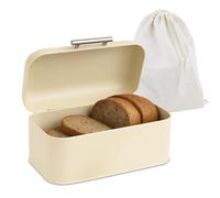 Relaxdays bin with bread bag, box with lid and handle, HWD 15.5x30x21 cm, retro design, metal, beige, Aluminium, Iron, Cotton, 15.5 x 30 x 21 cm