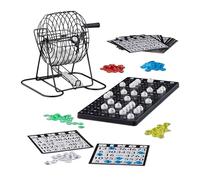 Relaxdays Bingo Game with Metal Cage, HxWxD: 20 x 17.5 x 21.5 cm, Bingo Tickets, Loose Balls, Chips, Game Boards, Black