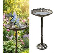 Relaxdays bird bath, HxD 52 x 31.5 cm, cast iron, antique, freestanding, food & water bowl, flower-shaped, brown