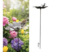Relaxdays bird bath, HxWxD: 93 x 22.5 x 14 cm, cast iron, free-standing, water & feed bowl for birds, leaf design, brown