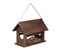 Relaxdays Bird Feeder, Fir Wood, to Hang or Place Outside, Wildlife Feeding Station, HxWxD: 24 x 30 x 21 cm, Dark Brown