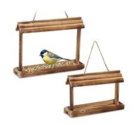Relaxdays Bird Feeder, Set of 2, Feeding Station, Hanging, H x W x D: 23.5 x 31.5 x 8 cm, Wood, Natural