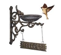 Relaxdays Birdbath, Cast Iron, HBT: 26.5 x 14 x 22.5 cm, Bird Bath with Welcome Sign, Weatherproof, Garden Decor, Bronze