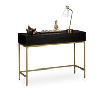 Relaxdays Console Table, 2 Drawers, Wood Optic, H x W x D: 80 x 110 x 40 cm, Black/Gold