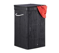 Relaxdays Black Bamboo Pop Hamper, Handle, Portable, 70 L Load, Square Laundry Bag, HxØ: 63 x 36 cm, 63 x 36 x 36 cm
