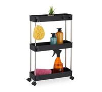 Relaxdays Niche Trolley, 3 Shelves, Narrow Kitchen & Bathroom Cart, HxWxD: 62 x 41.5 x 14.5 cm, Rolling Shelf, Black