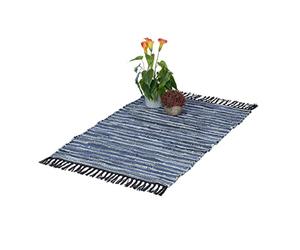 Relaxdays Boho Runner Rug, Cotton and Leather, Non-Slip, Hand-Woven, with Tassels, for Living Area, 60x100 cm, Blue, Real