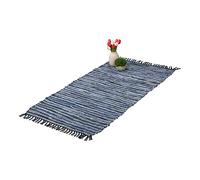 Relaxdays Boho Runner Rug, Cotton and Leather, Non-Slip, Hand-Woven, with Tassels, Hallway, Kitchen, 70 x 140 cm, Blue, Real