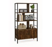 Relaxdays bookshelf, HWD: 154.5 x 74 x 30 cm, 3 open shelves, unit with lower cabinet, industrial, dark brown/black, Fibreboard, Steel, Stainless steel