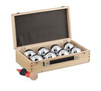 Relaxdays Boules Set, 8 Steel Balls, with Target, Distance Measure & Wooden Case, Lawn Bowling, Outdoors, Silver/Natural, 18 x 6.5 x 4.5 cm