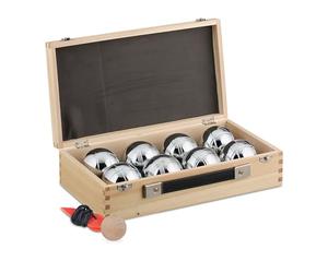 Relaxdays Boules Set, 8 Steel Balls, with Target, Distance Measure & Wooden Case, Lawn Bowling, Outdoors, Silver/Natural, 18 x 6.5 x 4.5 cm