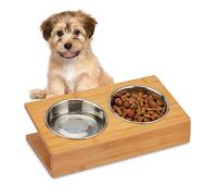 Relaxdays Bowl Holder, Feeding Station for Cats & Dogs, Tilted Stand for Food & Water, HWD 10x33.5x18 cm, Natural, Bamboo, 10 x 33.5 x 18 cm