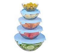 Relaxdays Bowls with Lid, Set of 5, Round, 5 Sizes, Glass Food Storage Containers, Dishwasher Safe, Transparent/Blue, 5er Set