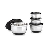 Relaxdays BOWLY, Set of 4, Diameter: 15.5/17/21/25.5 cm, Mixing Set Stainless Steel with Aroma Protective Salad Serving Bowl with Fresh-Preserving Lid, Silver/Black, 25.5 x 25.5 x 14.5 cm