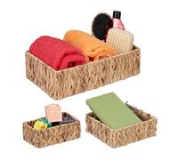 Relaxdays Box, Water Hyacinth, Set of 3, Bathroom & Nursery Storage, Square Baskets, Natural, Plant fibre, 3 different sizes