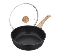 Relaxdays Braising Pan, Ø 28 cm, Glass Lid, Aluminium, Non-Stick Coating, Induction, Frying, Handle, Black/Natural, 14 x 48 x 29.5 cm
