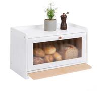 Relaxdays Bread Bin, Bamboo, Chopping Board, Shelf, Ventilation Holes, Viewing Window, HxWxD: 26 x 40 x 25 cm, White