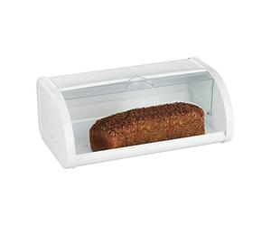 Relaxdays Bread Bin, Transparent Rolling Lid, Keeps Bread Fresh, XL Family Size, Metal, Easy to Clean, White