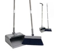 Relaxdays Broom & Dustpan Set, 2-in-1 long-handle set, 180° swivel head, stand-up design, stainless steel, grey
