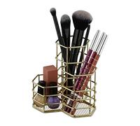 Relaxdays Brush Holder, 3 Compartments, Hexagon, H x W x D; 12.5 x 12 x 12.5 cm, Wire, Pen Holder, Organiser, Gold