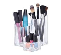 Relaxdays Brush Organiser, Cosmetic Storage 3 Compartments, Plastic, H x W x 12 x 13.5 x 14 cm, Brush Holder, Transparent