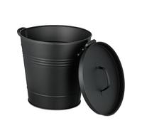 Relaxdays Bucket, with Lid, 19 Litres, Bin with Leather Handle, for Coal & Ash, Fireplace, Grill & Stove, Black, Iron, XL, 33 x 37.5 x 31 cm