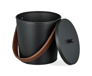 Relaxdays Bucket, with Lid, 4.5 litres, Bin with Leather Handle, for Coal & Ash, Fireplace, Stove, Black/Brown, Iron, M, 21 x 22 x 22 cm