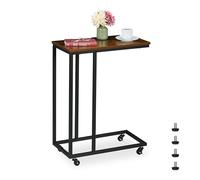 Relaxdays C-Shaped Side Table, HWD: 79 x 60 x 30 cm, with Wheels, Couch & Sofa, Living Room, Metal & MDF, Brown/Black
