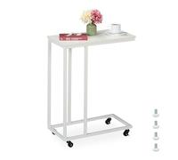 Relaxdays C-Shaped Side Table, HWD: 79 x 60 x 30 cm, with Wheels, Couch & Sofa, Living Room, Metal & MDF, Minimal, White