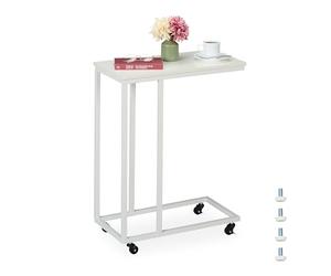 Relaxdays C-Shaped Side Table, HWD: 79 x 60 x 30 cm, with Wheels, Couch & Sofa, Living Room, Metal & MDF, Minimal, White