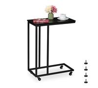 Relaxdays C-Shaped Side Table, HWD: 79x60x30 cm, with Wheels, Couch & Sofa, Living Room, Metal & MDF, Industrial, Black, 79 x 60 x 30 cm
