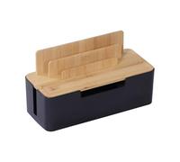 Relaxdays cable box, bamboo, phone & tablet holders, HWD 16x30x13cm, 6-way power strip, cable organiser, natural-black