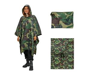 Relaxdays Camouflage Rain Poncho, 3in1, with Hood, Long Raincoat, Unisex, Waterproof, Festival & Camping, Green/Brown
