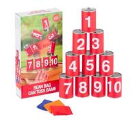 Relaxdays Can Alley, for Kids, Garden Toss Game, 10 Tins & 3 Bean Bags, for Birthday Parties, Throwing, Active, Red, Iron, 9.5 x 8 x 12 cm