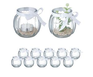 Relaxdays Candle Holders, Set of 12, Glass, Jar with Bow, Tealight Table Decor, 7.5 x 7.5 cm, Indoors & Outdoors, Clear