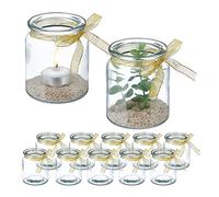 Relaxdays Candle Holders, Set of 12, Glass, Jar with Bow, Tealight Table Decor, 9.5 x 8 cm, Indoor & Outdoor, Clear/Gold