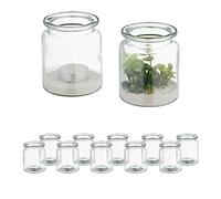 Relaxdays Candle Holders, Set of 12, Simple Glass Jars, Tealight Table Decor, 9.5 x 8 cm, Indoors & Outdoors, Clear