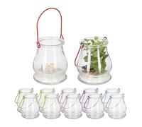 Relaxdays Candle Lanterns, Set of 12, Glass, Coloured Handles, Tealight Holders, 10 x 8.5 cm, Indoors & Outdoors, Clear