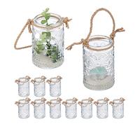 Relaxdays Candle Lanterns, Set of 12, Glass, with Handle, Indoors & Outdoors, Tealight Holders, 10.5 x 7 cm, Clear/Brown